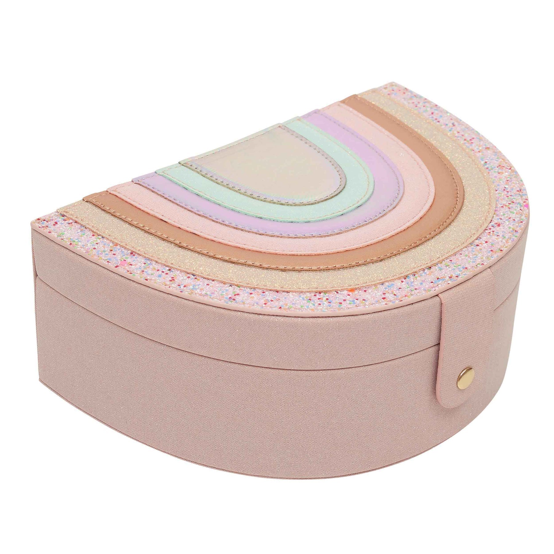 Pastel rainbow-patterned jewelry box on a white background