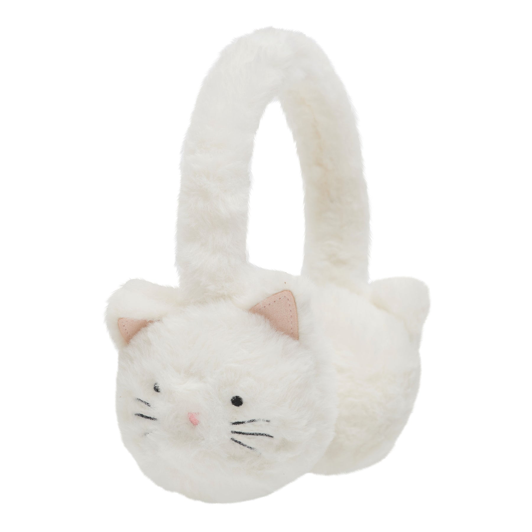 A white plush cat-shaped handbag with a long handle, featuring embroidered black whiskers and eyes, pink nose and inner ears, and small pink stitched details on the ears.