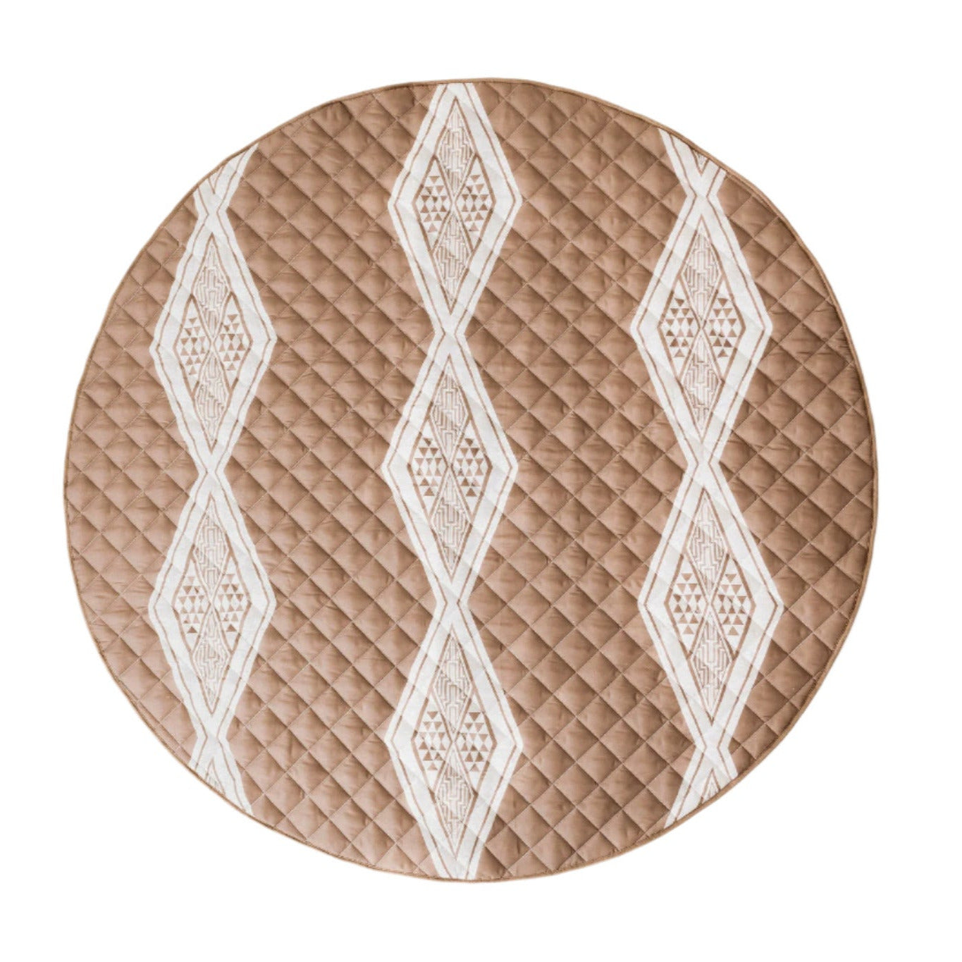 Round quilted placemat with geometric pattern on a white background