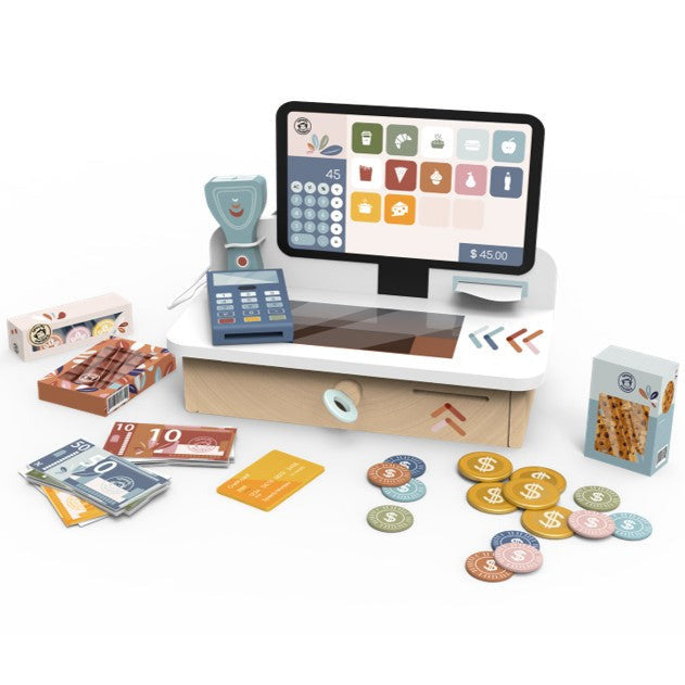 Toy cash register set with digital display, buttons, and various play items on a white background