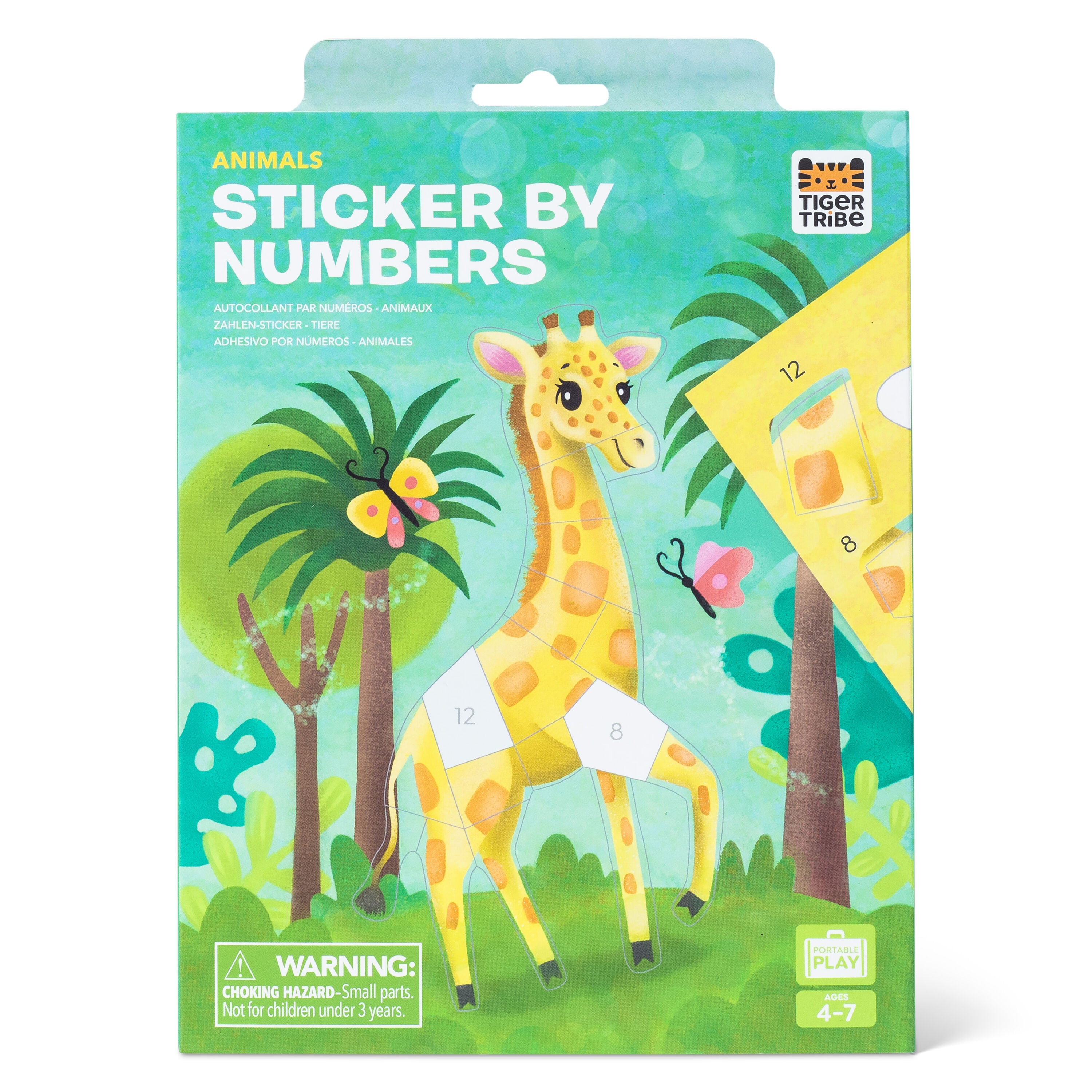 Packaging of 'Sticker by Numbers' with a giraffe illustration on a colorful background