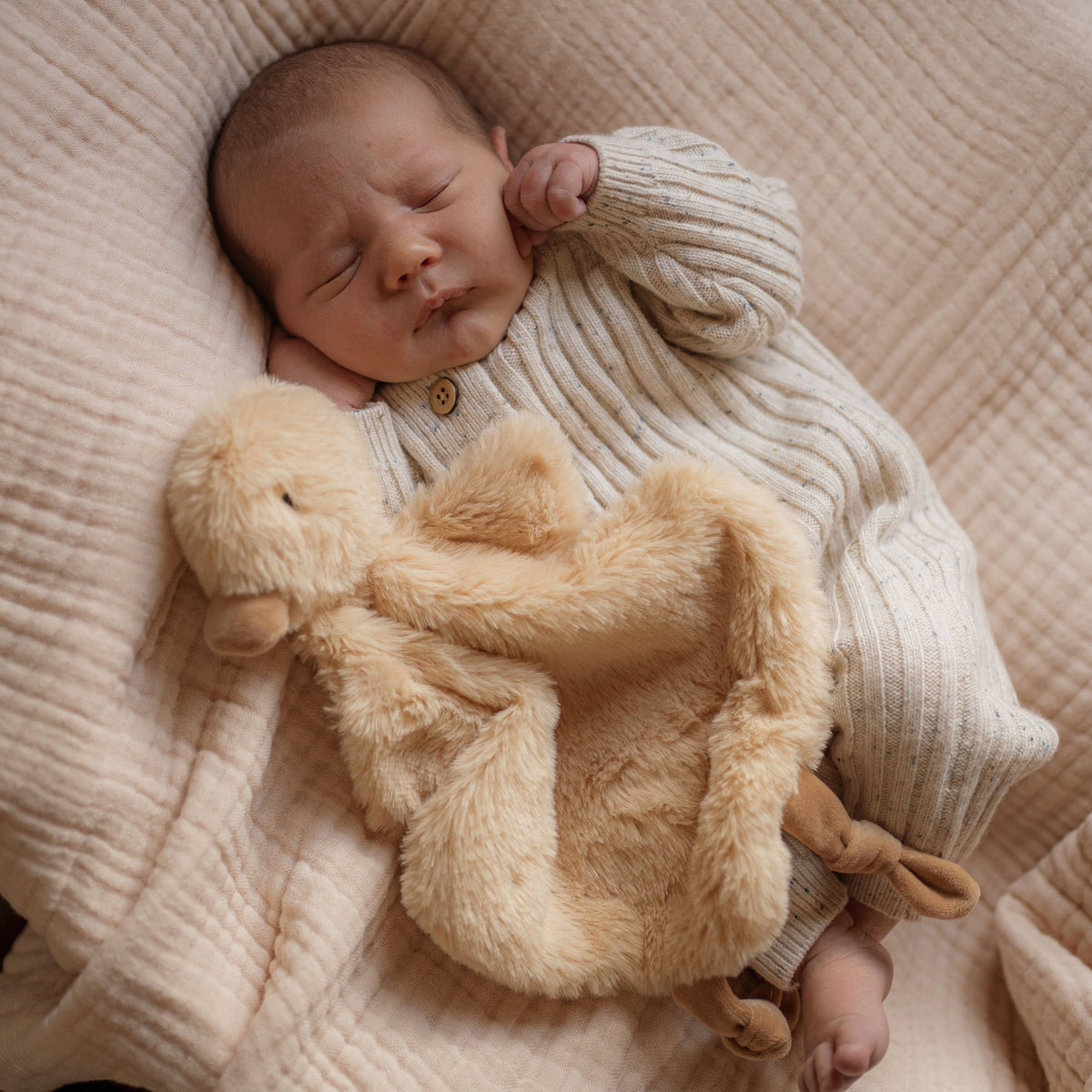 Newborn baby sleeping with a plush duck comforter toy on a soft surface