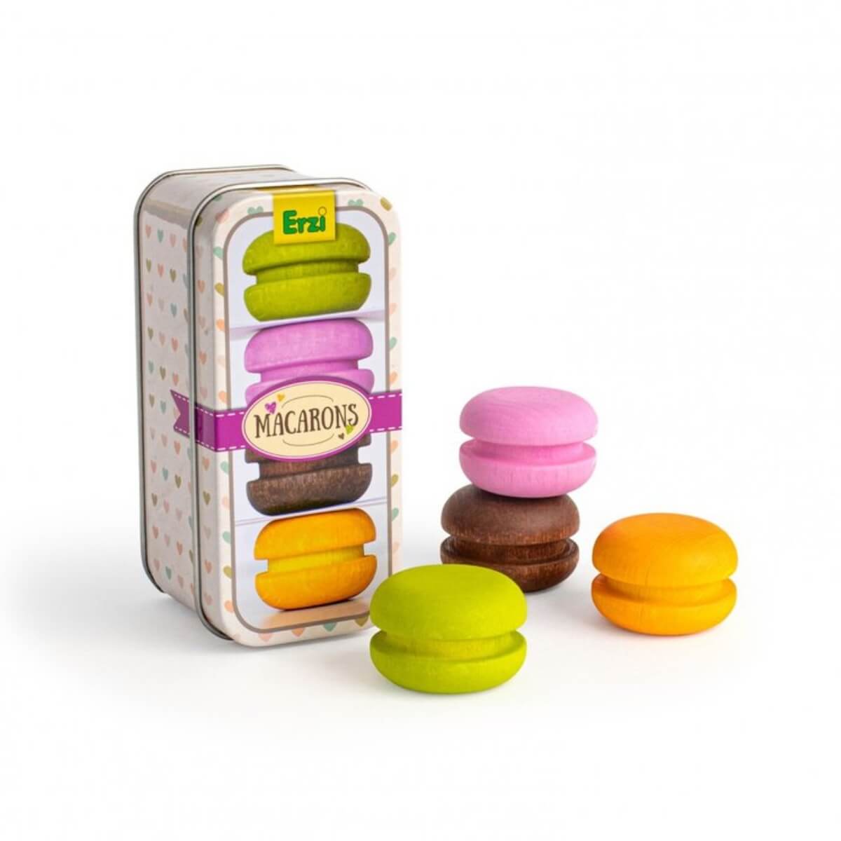 A tin of Erzi wooden macarons with four colorful wooden macaron toy pieces displayed in front on a white background.