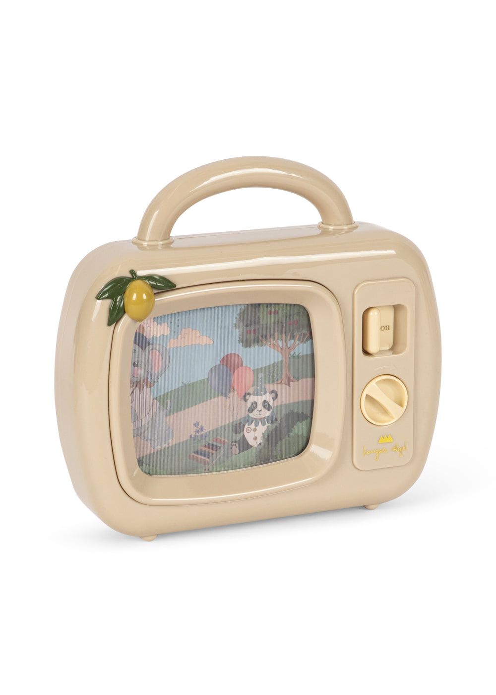 A retro-style beige toy television with a handle, featuring a colorful screen showing a panda and landscape, with a small yellow fruit decoration on the side, set against a plain white background.