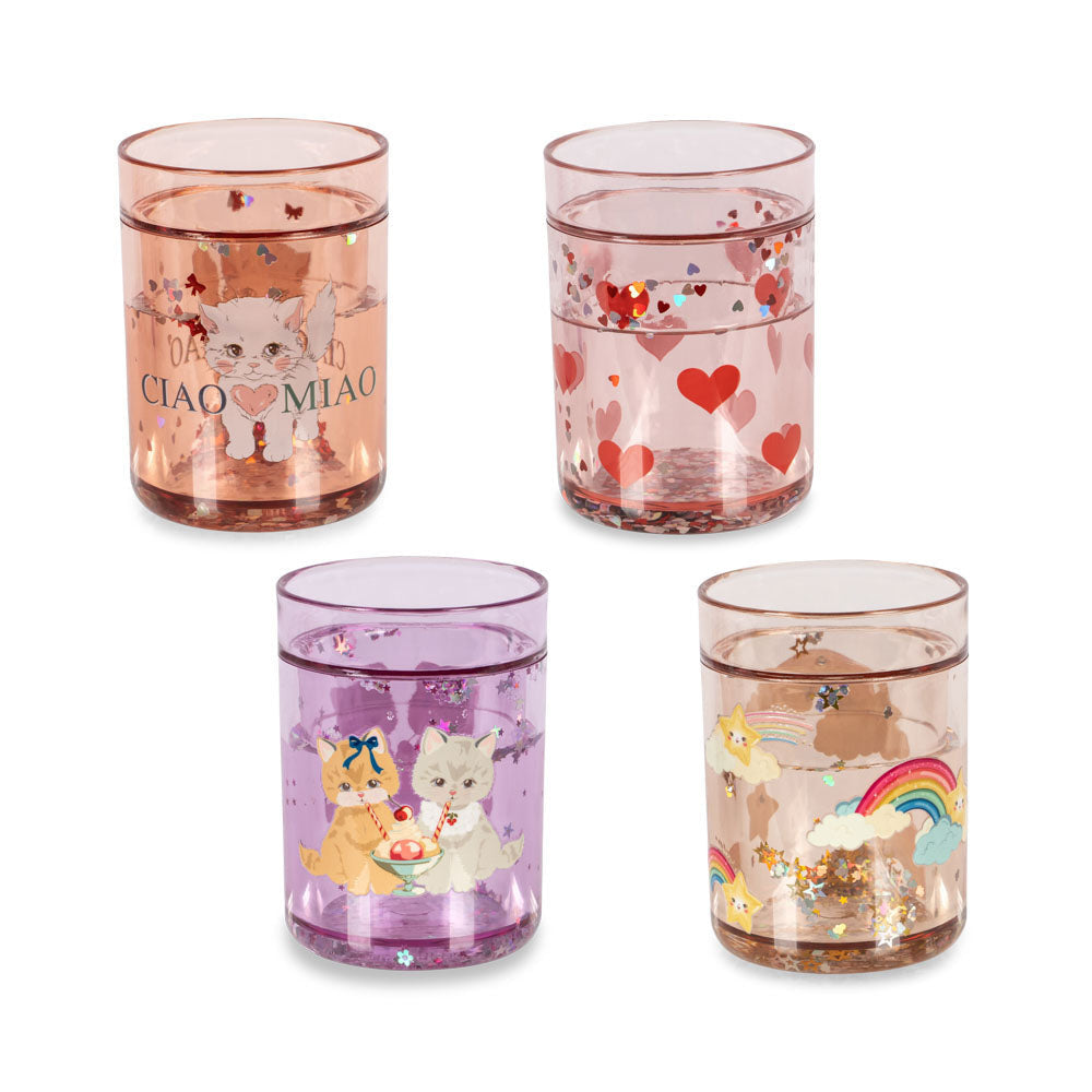 Set of four colorful tumblers with cat illustrations on a white background