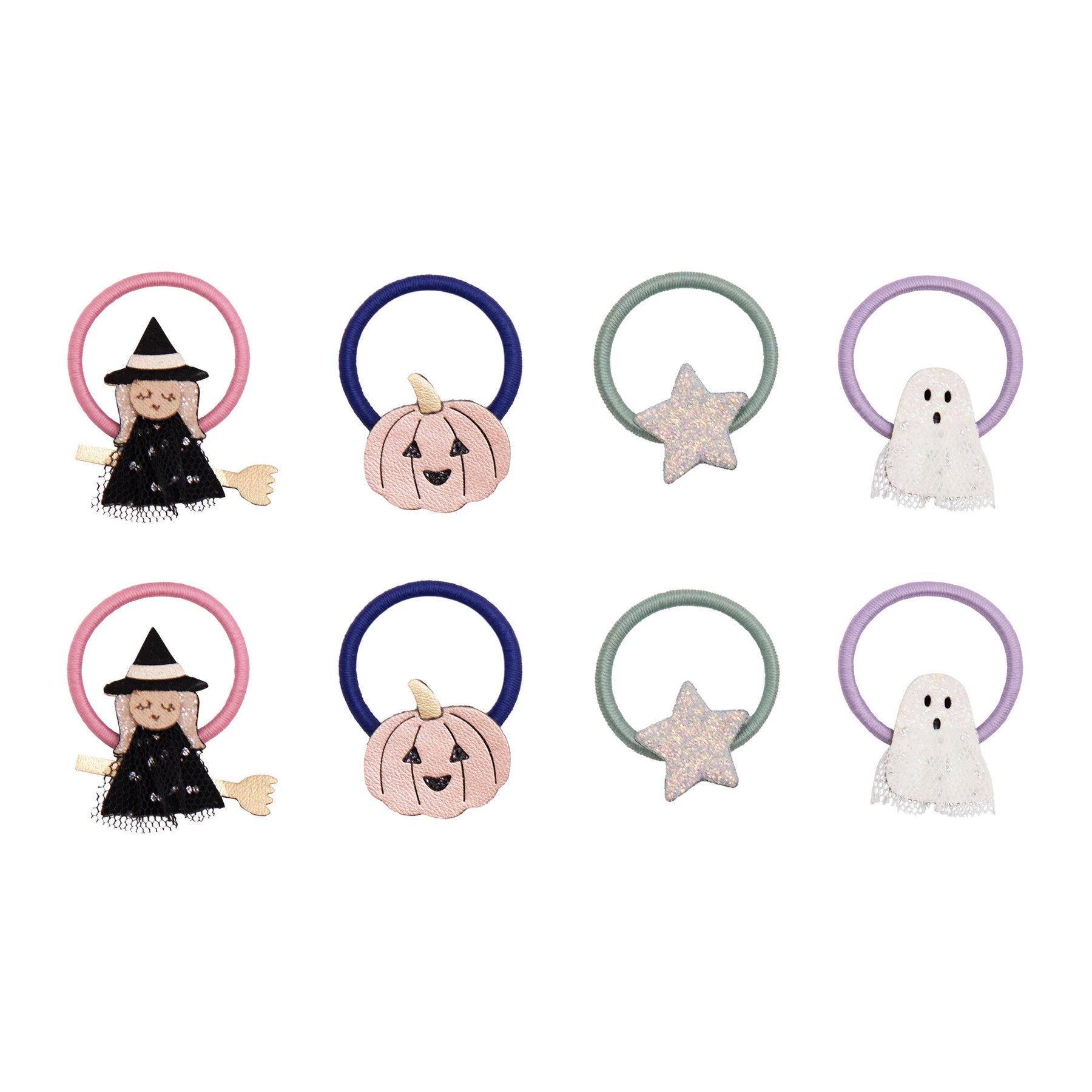 Set of Halloween-themed hair ties on a white background