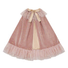 A pink tulle dress with gold glitter speckles, featuring a wide ruffled hem, a sheer overlay, and a beige satin bow at the waist.