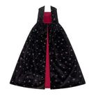 A sleeveless vampire cape-style dress with a starry pattern and a bright red inner lining, shown flat against a white background.