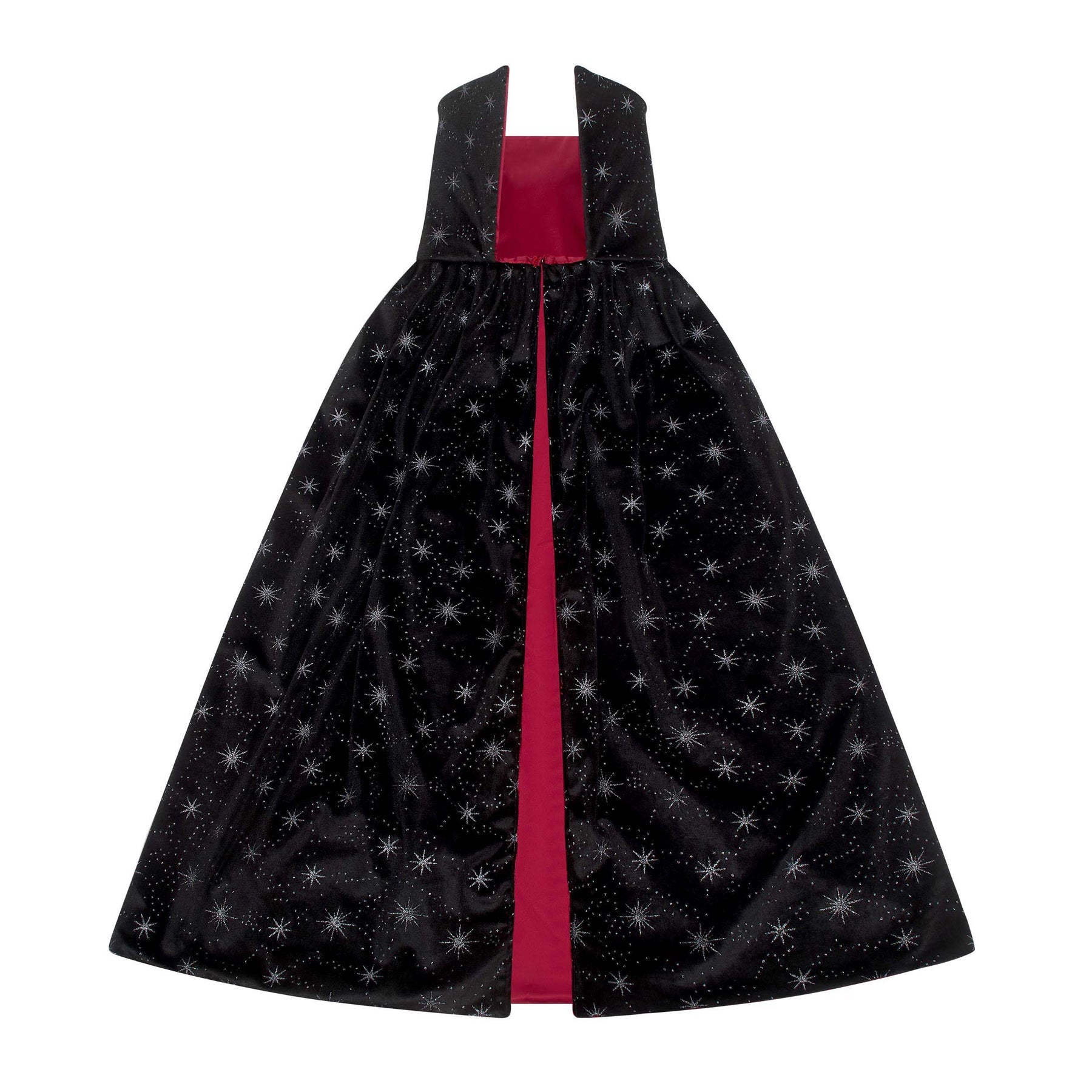 A sleeveless vampire cape-style dress with a starry pattern and a bright red inner lining, shown flat against a white background.