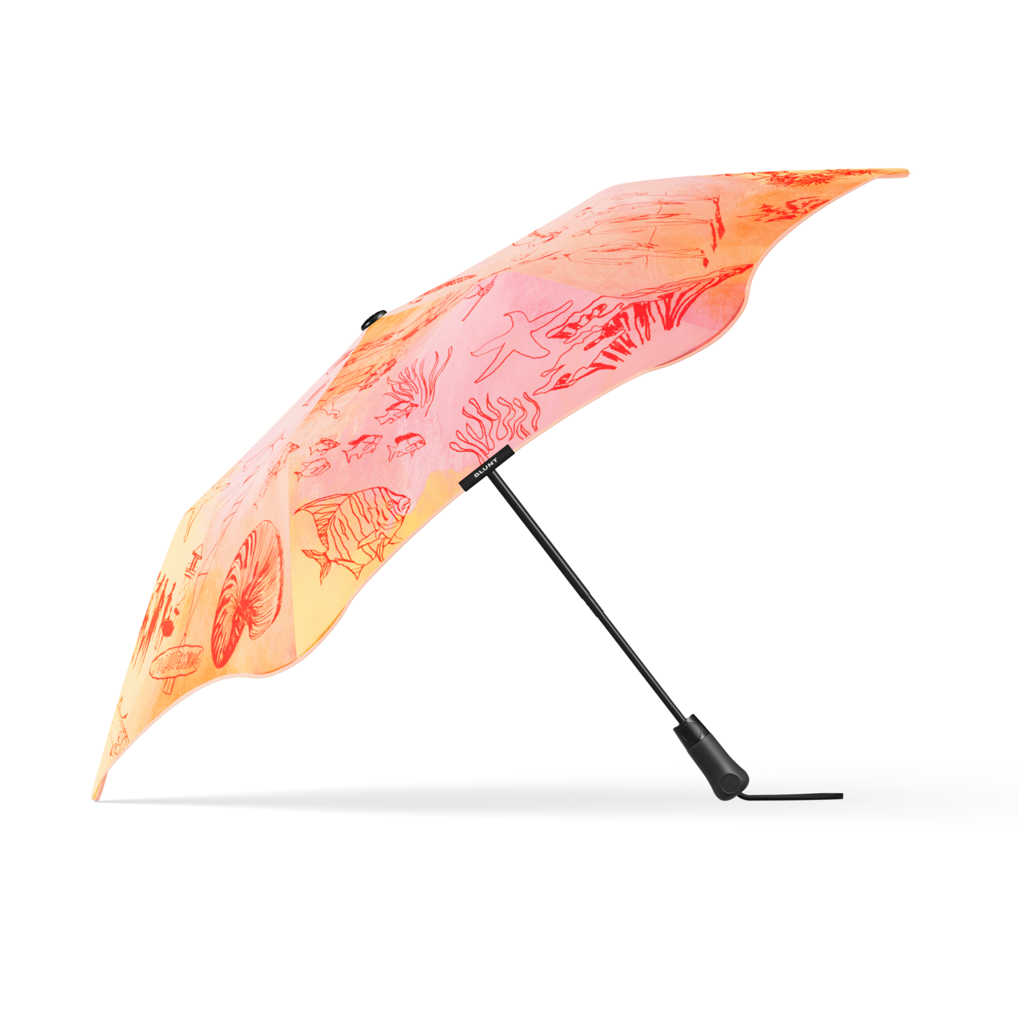A compact folding umbrella shown open on a plain white background. The canopy has a warm gradient pattern shifting from orange to pink, with a subtle floral or abstract print, while the handle and shaft are black.