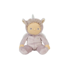 A plush unicorn doll with a pale pink and lavender fuzzy body, beige face and inner ears, small wings, and a white horn, centered on a plain white background.