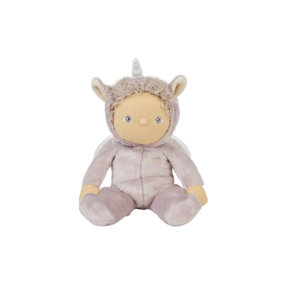 A plush unicorn doll with a pale pink and lavender fuzzy body, beige face and inner ears, small wings, and a white horn, centered on a plain white background.