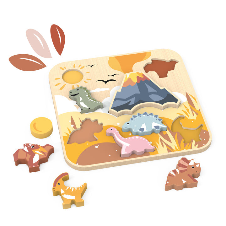Wooden dinosaur puzzle with pieces on a white background