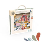 Children's farm-themed puzzle packaging with farm animals and a barn.