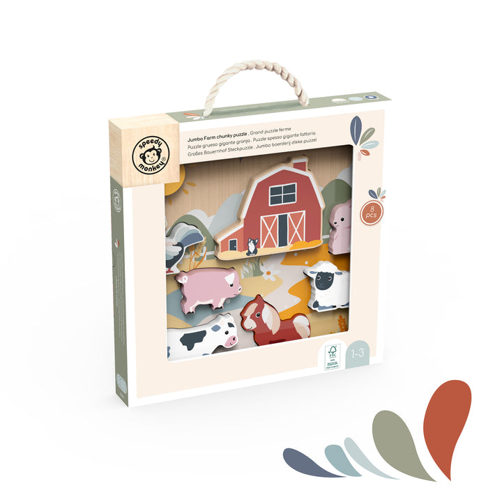 Children's farm-themed puzzle packaging with farm animals and a barn.