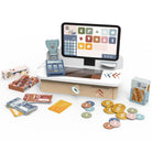 Toy cash register set with digital display, buttons, and various play items on a white background