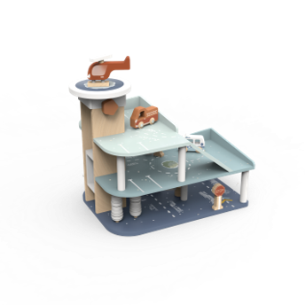A wooden toy multi-level parking garage playset with a light blue and beige design, featuring small toy cars and a helicopter, shown on a plain white background.