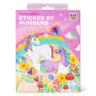 Sticker by numbers kit packaging with unicorns, flowers, and butterflies on a pink background.