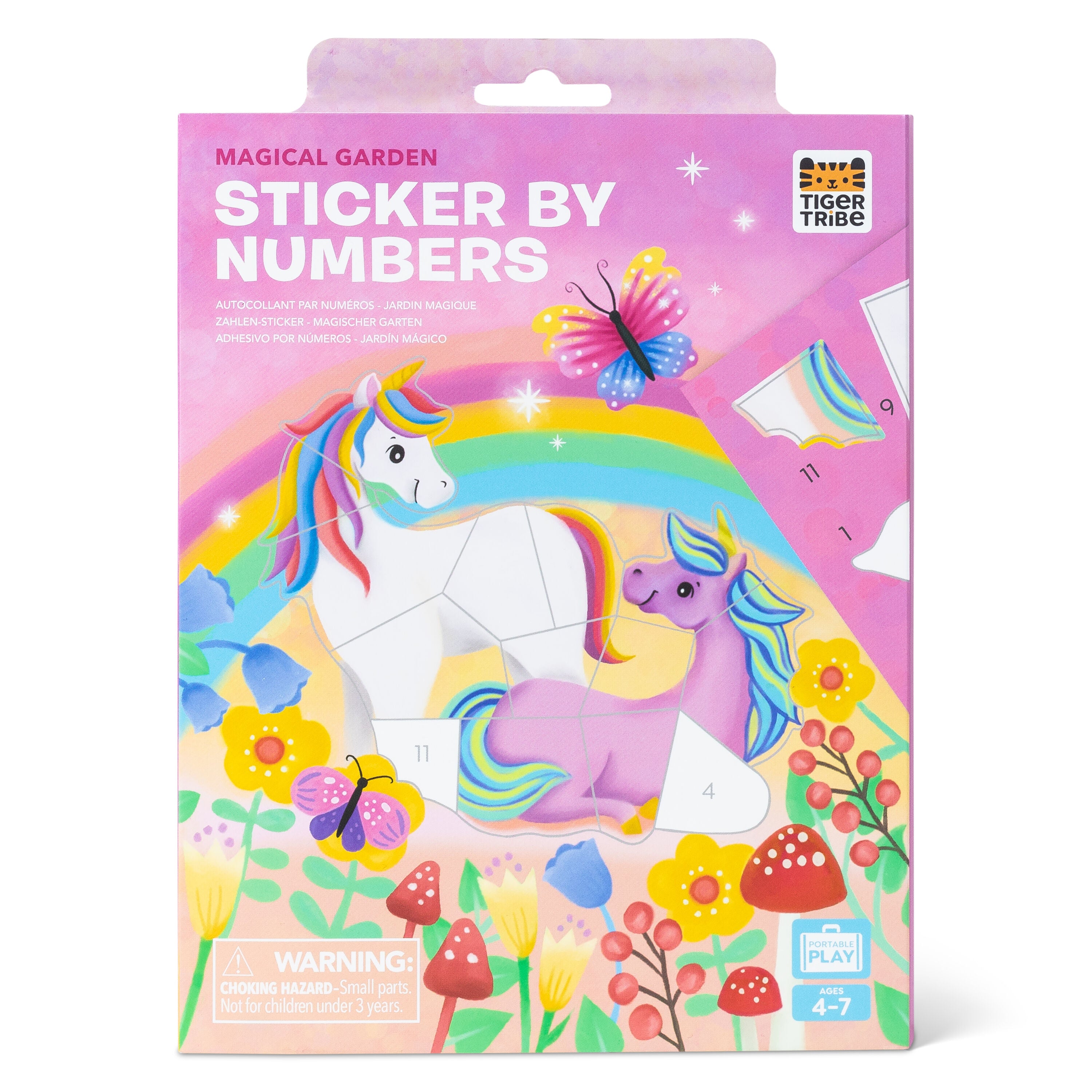 Sticker by numbers kit packaging with unicorns, flowers, and butterflies on a pink background.