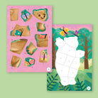 Children's craft kit with bear template and pattern pieces on a pink background