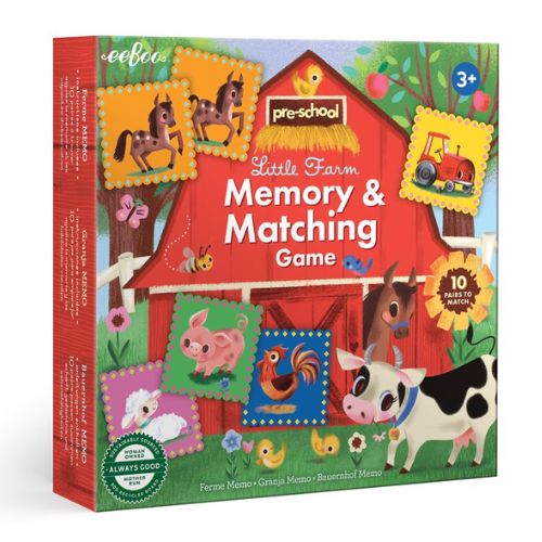Box of Little Farm Memory & Matching Game by eeBoo with farm animal illustrations.