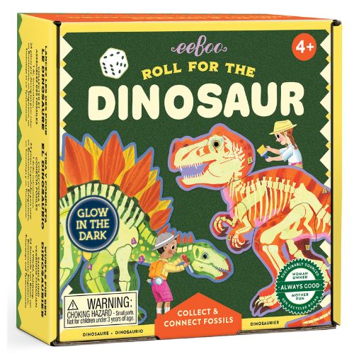 A boxed children's activity product titled "Roll for the Dinosaur" shown on a plain white background. The box features colorful dinosaur illustrations, a die, age rating "4+", and product text including "Glow in the Dark" and "Collect & Connect Fossils.