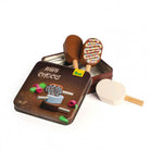 Chocolate-themed ping pong paddle set with a tin container on a white background