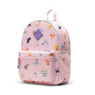 Pink backpack with cartoon character pattern on a white background