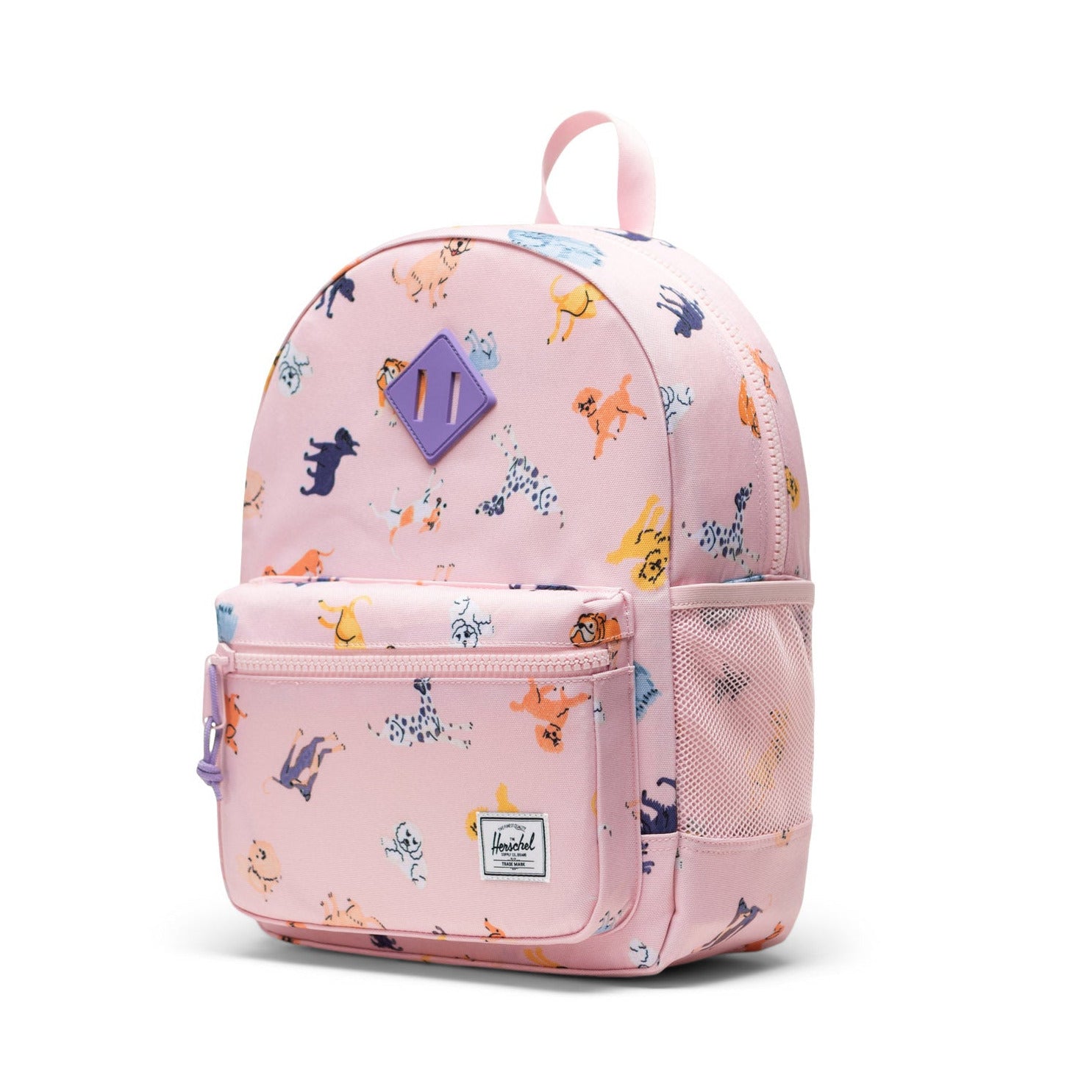 Pink backpack with cartoon character pattern on a white background
