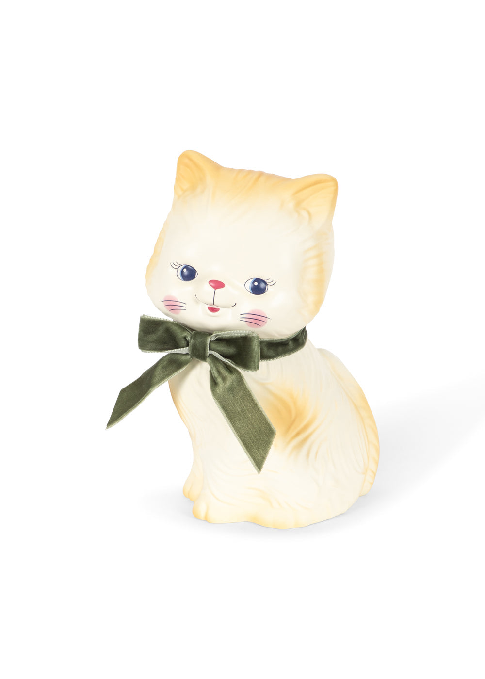 Cat-shaped money box with a green bow on a white background