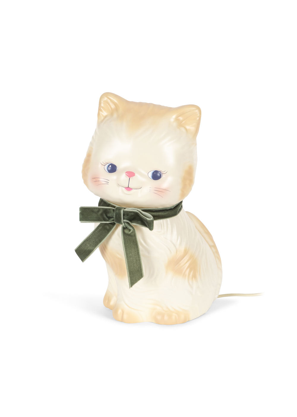 Cat-shaped night light with a green bow on a white background