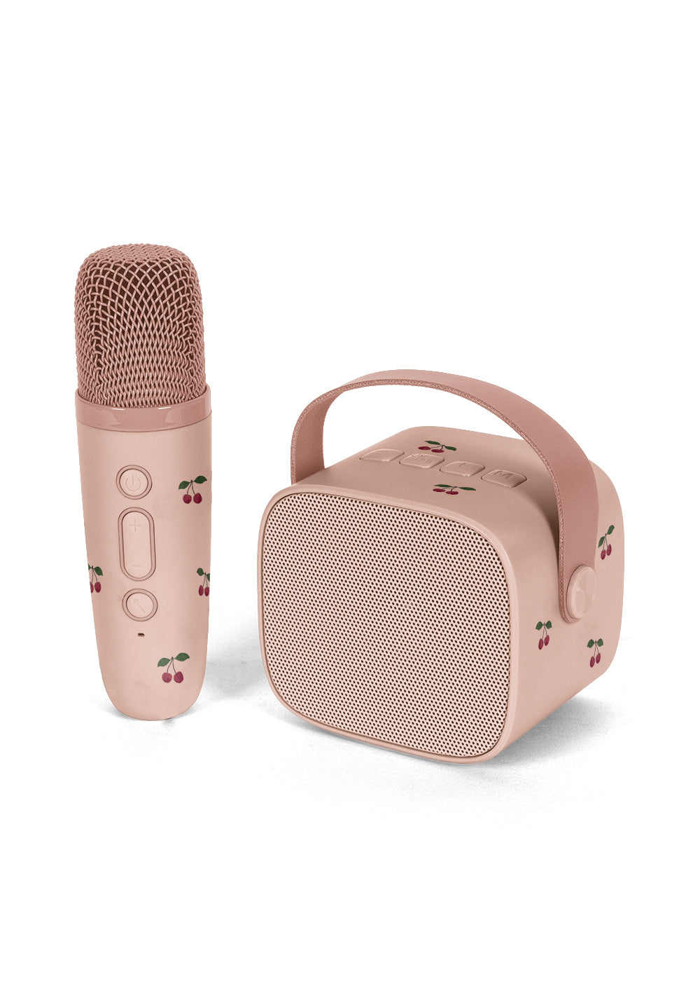 A pink portable karaoke microphone and matching speaker set with cherry illustrations, shown on a clean white background.