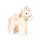 A plush unicorn toy in cream with pink mane, tail, and wings, featuring a small silver horn and a pink patterned bridle, set against a plain white background.