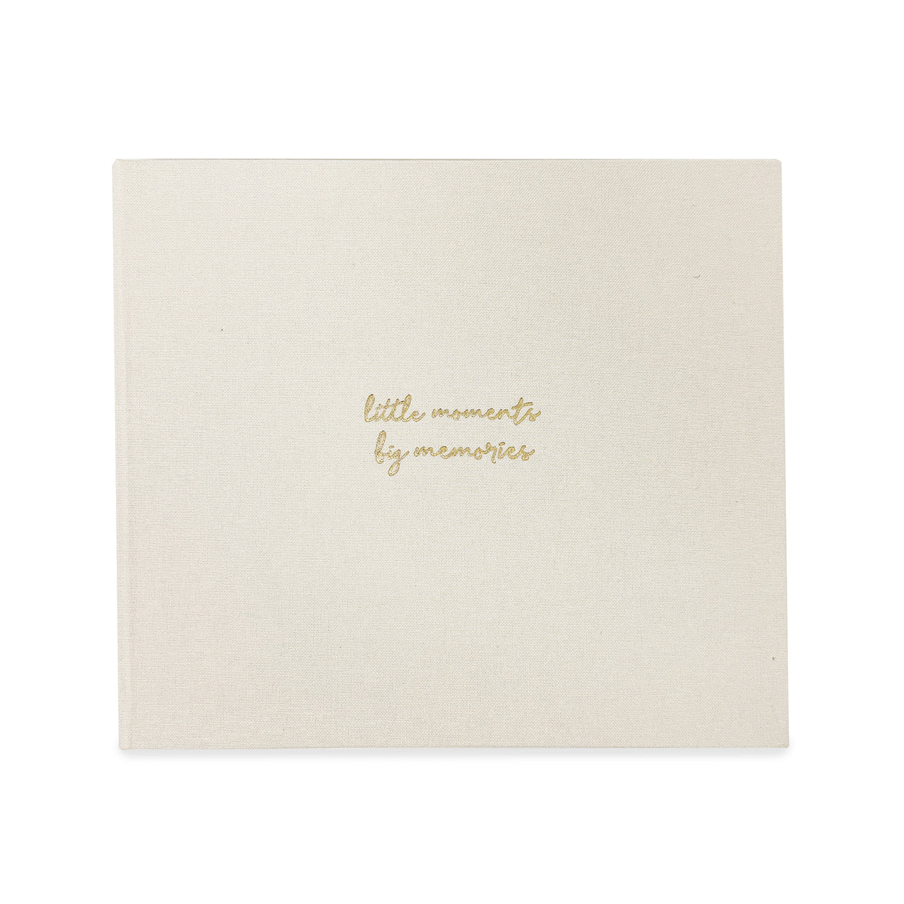 A square cream-colored fabric keepsake album or photo book with gold foil text reading 'little moments by memories' in the center, shown on a plain white background.