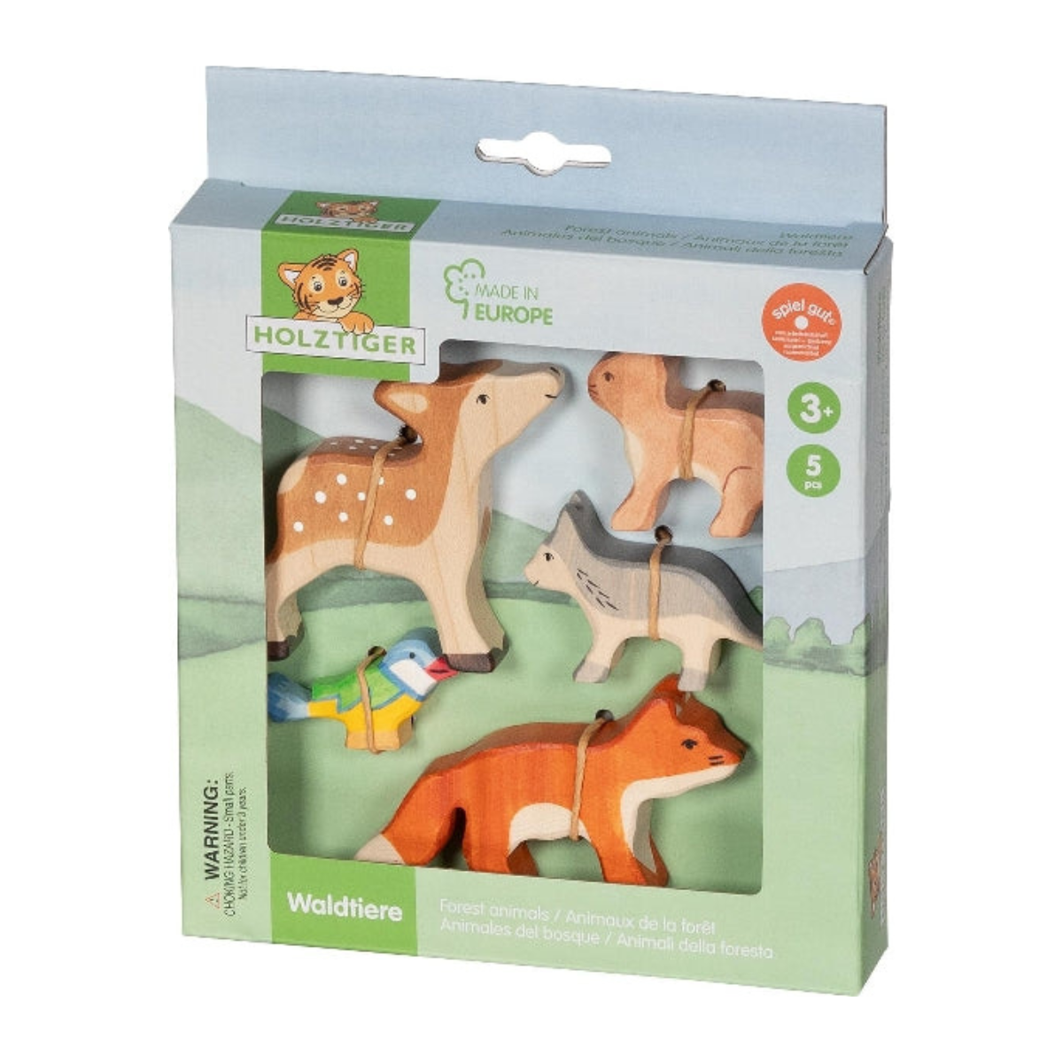 Holtztiger Waldtiere wooden forest animal toy set in its original retail packaging, featuring five hand-painted wooden animals including a deer, fox, rabbit, bird, and calf.