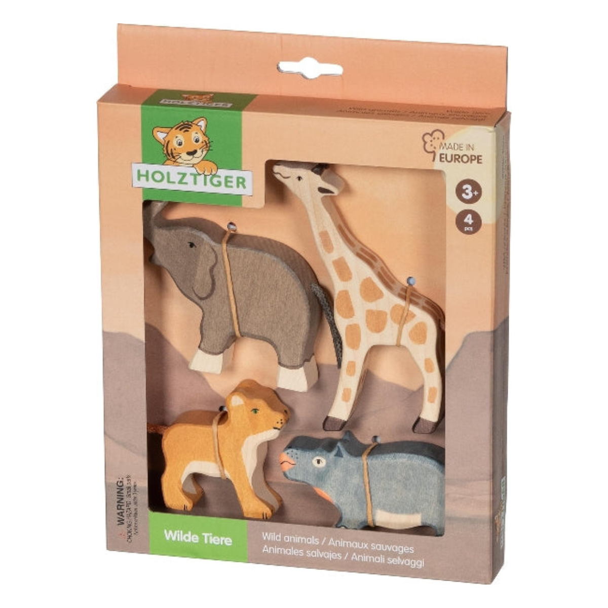 Holztiger wooden animal toy set in its original packaging, featuring a gray elephant, beige giraffe, orange lion cub, and blue hippo with rope harnesses.