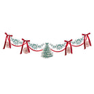 Decorative Christmas garland with red ribbons and small trees on a white background