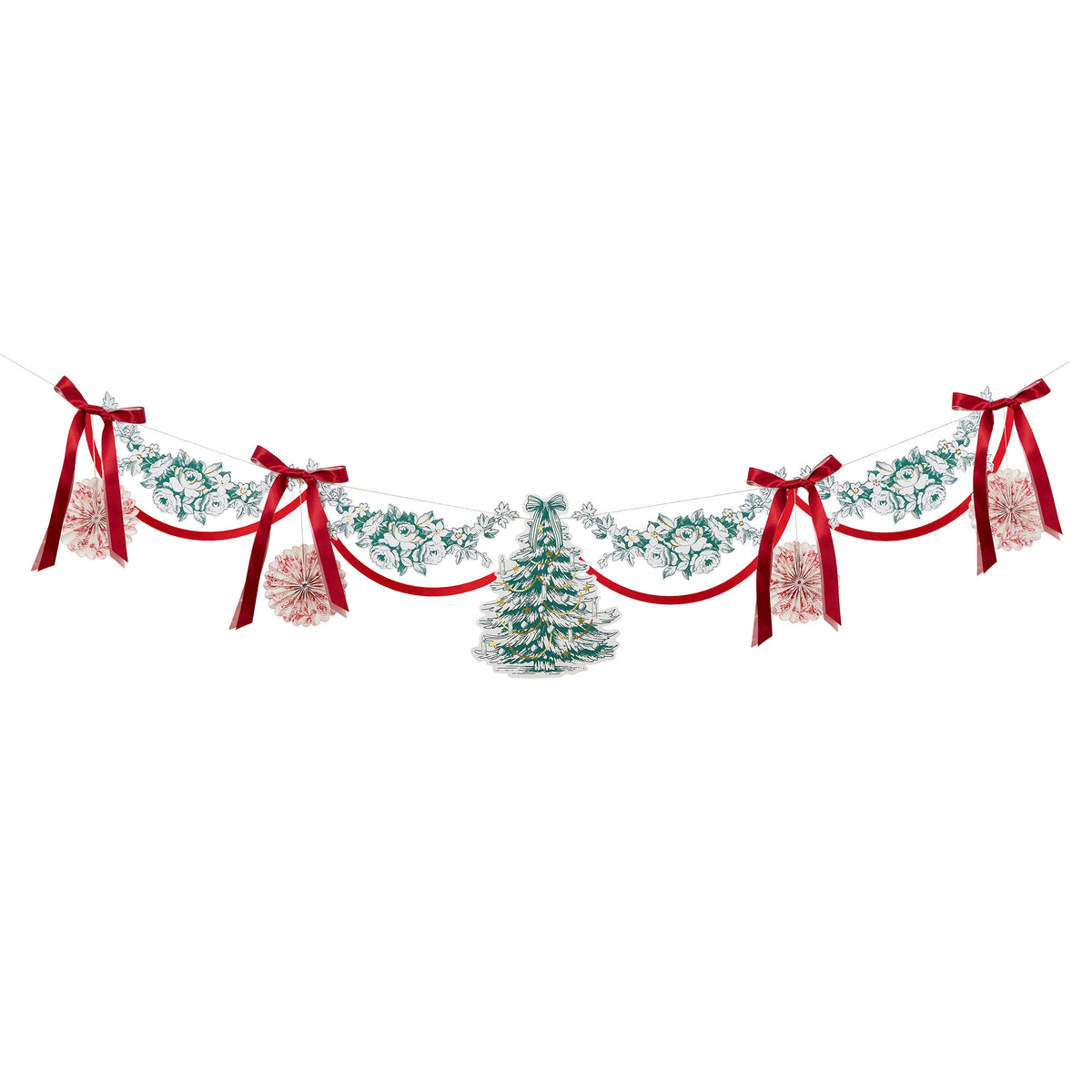 Decorative Christmas garland with red ribbons and small trees on a white background