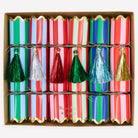 Box of colorful striped crackers with tassels in a decorative box.