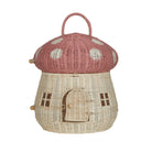 A handwoven rattan mushroom-shaped doll house with a pink roof, wooden door, and two square windows, designed for children's play.