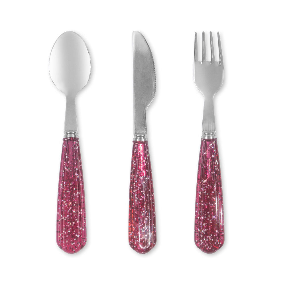 Three-piece glitter cutlery set with pink handles and silver metal heads, arranged vertically on a plain white background.