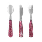 Three-piece glitter cutlery set with pink handles and silver metal heads, arranged vertically on a plain white background.