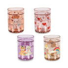 Set of four colorful tumblers with cat illustrations on a white background