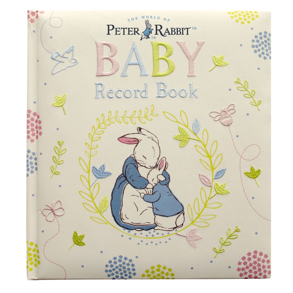The front cover of a baby record book titled 'The World of Peter Rabbit Baby Record Book' on a cream-colored background with pastel illustrations of a rabbit, leaves, birds, and flowers.