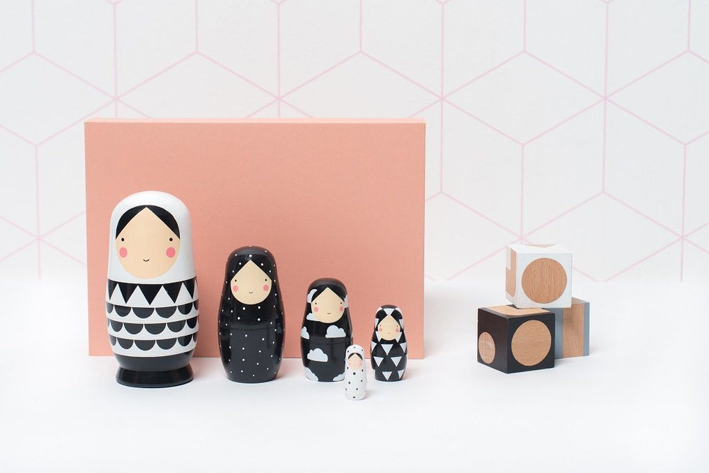 LOVE THIS! Nesting Dolls Black and White Sketch Inc from Petit Monkey - shop at littlewhimsy NZ