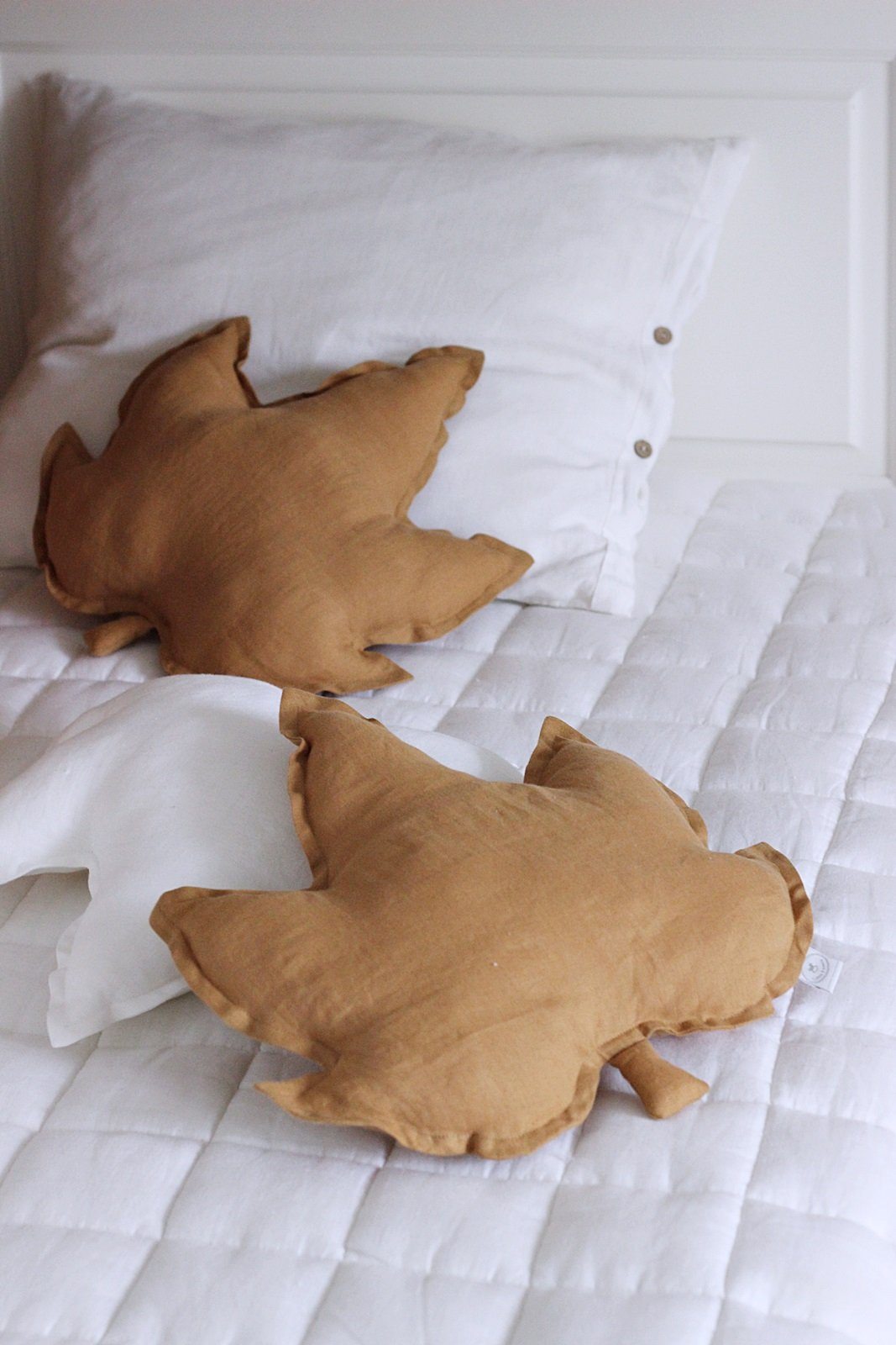 LOVE THIS! Maple Leaf Cushion Large - Caramel Mustard Linen from Cotton & Sweets - shop at littlewhimsy NZ