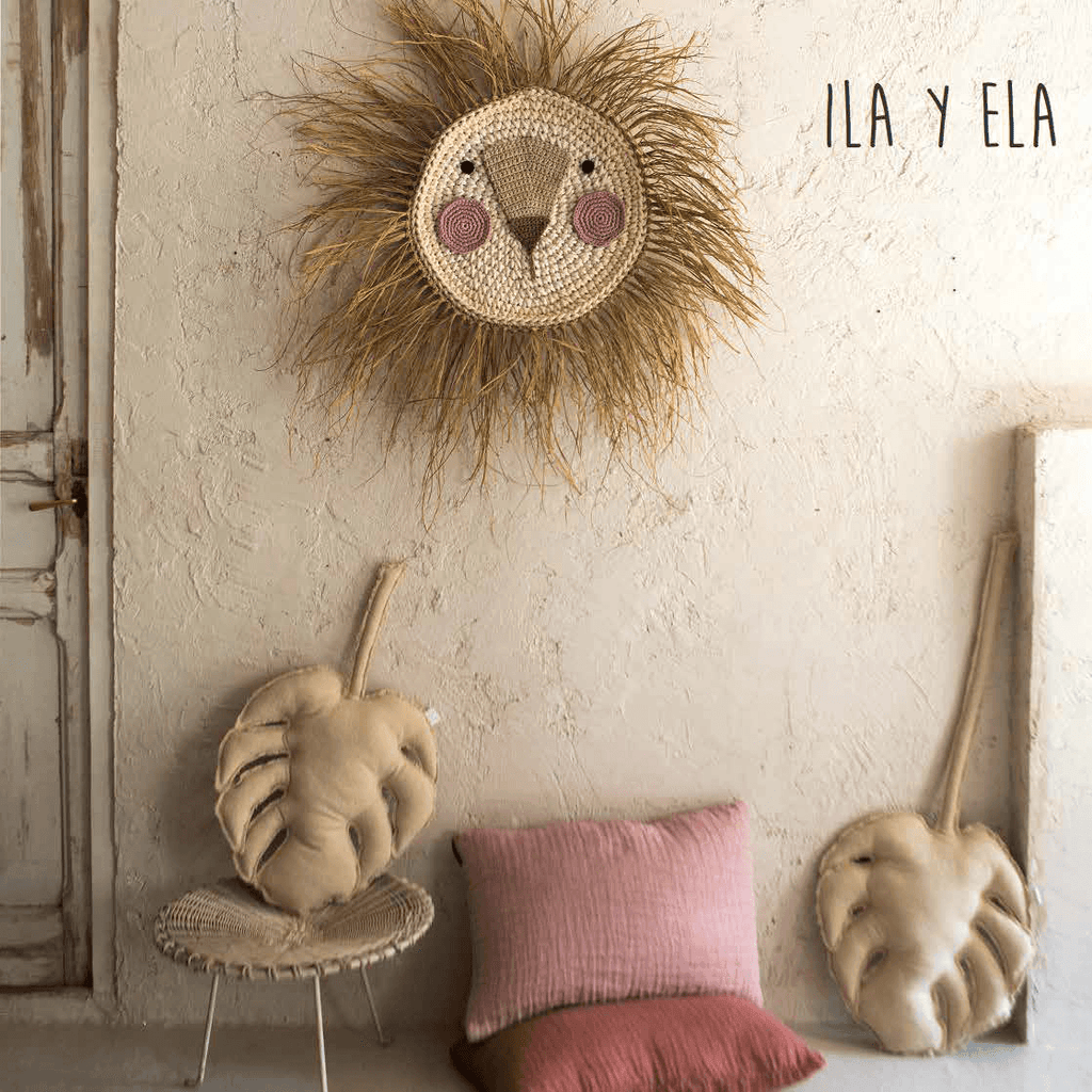 LOVE THIS! ILA Y ELA Lion Wall Hanging - Natural with Pink Face 65 cm from ILA Y ELA - shop at littlewhimsy NZ