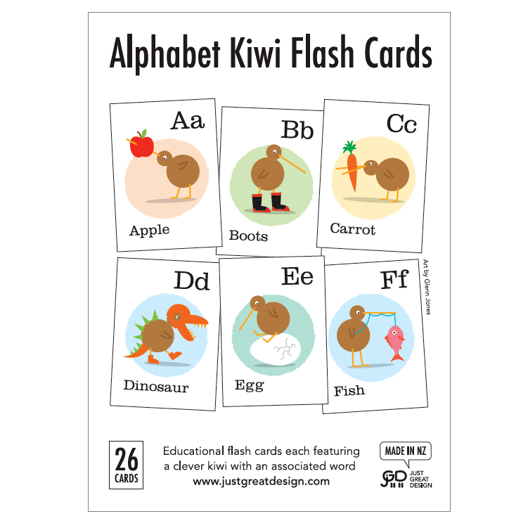 LOVE THIS! Alphabet Kiwi Flash Cards from Just Great Design - shop at littlewhimsy NZ