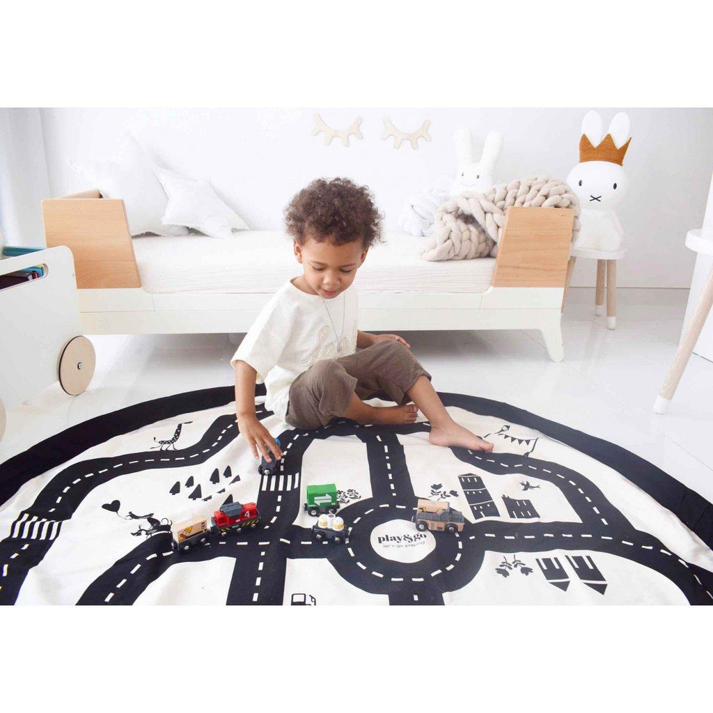 LOVE THIS! Play and Go Storage Bag and Playmat in Road Map/Thunderbolt 140cm from Play & Go - shop at littlewhimsy NZ